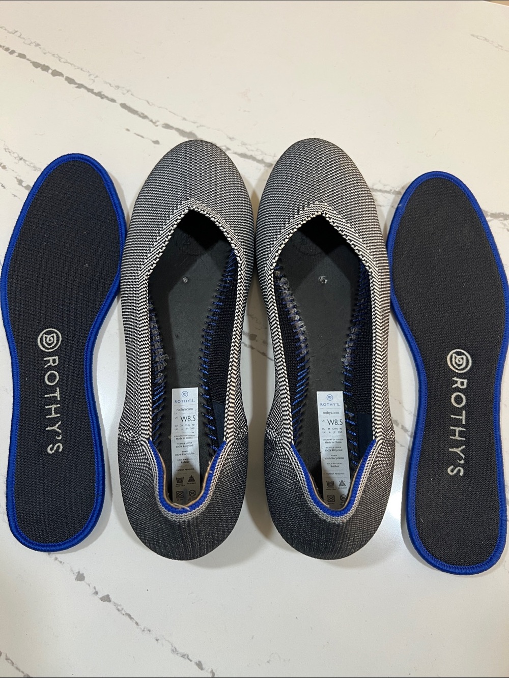 Rothy's Black & White Knit Ballet Flats with Blue Trim size 8.5 - Picture 10 of 13